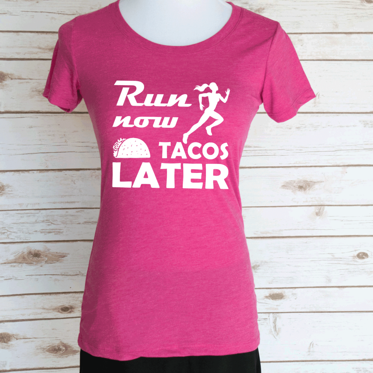 Run Now Tacos Later Casual Graphic T-Shirt. Funny Motivational Workout Quote. Scoop Neck Triblend Tee.